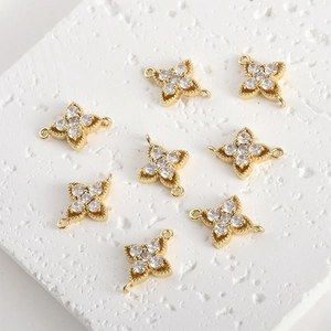 Gold plated copper four-leaf flower connectors with white cubic zirconia for DIY jewelry