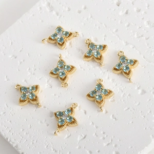 Gold plated four-leaf flower connectors with light blue crystals for DIY jewelry making