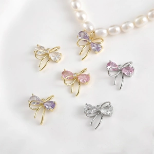14K Gold Plated Copper Bow Knot Pendant With Zirconia For DIY Necklace Bracelet Earring Jewelry Making Accessory