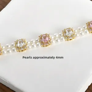 14K gold plated double-row pearl bracelet with pink and clear zircon gemstones