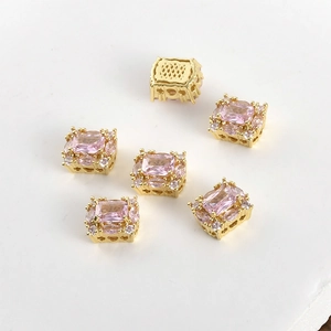 Detail of 14K gold plated square pink zircon charms with hollow back for DIY jewelry