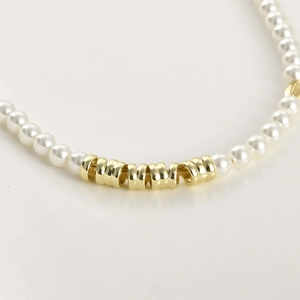 French style 14k gold plated curved tube spacer and white pearl beaded jewelry chain