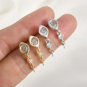 Gold Plated Copper Marquise Zircon DIY Earring Findings With Silver Earring Post For Artificial Pearl Jewelry Hand-made Accessories
