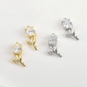 Set of 14k gold plated tulip flower charms with pear cut zircon stones for jewelry DIY