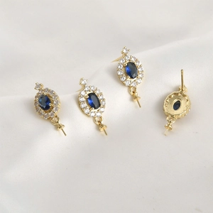 Orecchini ovali placcati oro 14k con zircone blu e base per montaggio perle