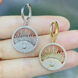European Evil Eye Jewelry Set Copper Zircon Sunburst Pendant Necklace Round Drop Hoop Earrings For Women Fashion Jewelry