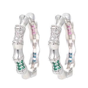 Bamboo shaped silver hoop earrings with multicolored micro-pave crystals for women