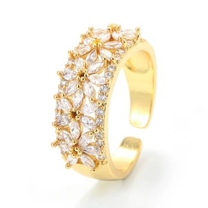 Anillo Abierto de Flor de Cobre con Zirconia Cúbica para Mujer Ajustable Chapado en Oro Plata Joyería Floral para Dedo