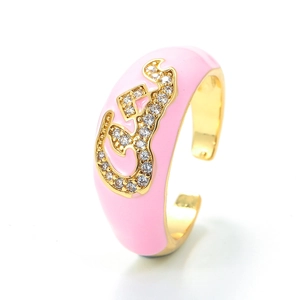 Adjustable gold ring with pink enamel and micro-pave cubic zirconia letter design