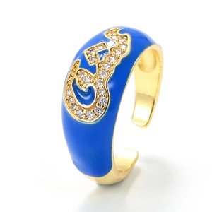 Adjustable gold plated Om ring with blue enamel and micro-paved sparkling zircon stones