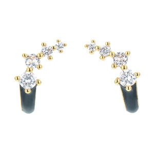 Elegant gold curved earrings with clear zircons and dark grey enamel finish