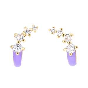 Elegant gold ear climbers with lavender enamel and sparkling round zircons for women