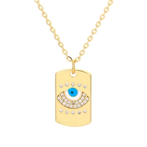Collar dorado con colgante cuadrado de ojo turco en esmalte y circonitas blancas brillantes para