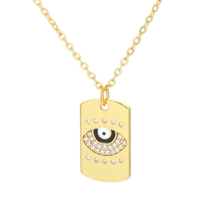 Collar de Colgante Rectangular de Ojo Turco de Cobre y Circonia Chapado en Oro Cadena Geométrica Dog Tag Para Mujer Joyería