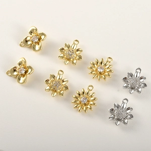 14k gold plated flower pendants with zircon stones for DIY necklace and bracelet jewelry