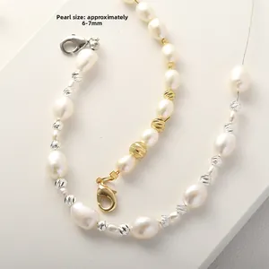 6-7mm pearl necklace with spiral metal spacer beads and lobster clasp on display