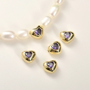 Perline a cuore placcate oro 14k con zircone viola per creazione gioielli fai-da-te