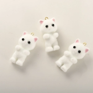 Three-piece set of cute white flocked cat pendants with gold jump rings for DIY jewelry