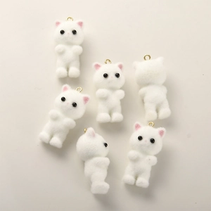 Set of 6 cute white flocked 3D cat pendants with pink ears and gold rings for jewelry making