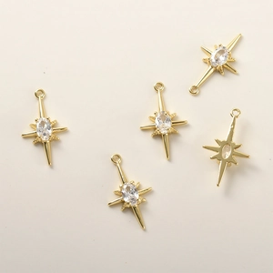5pcs 14k gold plated starburst charms with oval cubic zirconia for DIY jewelry making