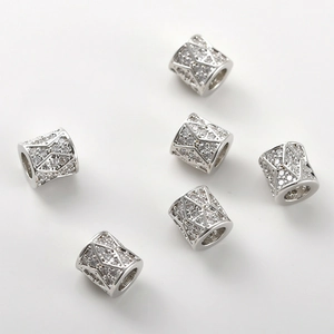 Perle cilindriche in rame argentato con zirconi micro-incastonati per gioielli DIY