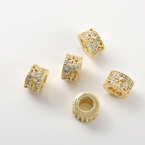 14k gold plated spacer beads with hollow floral pattern and cubic zirconia for DIY jewelry