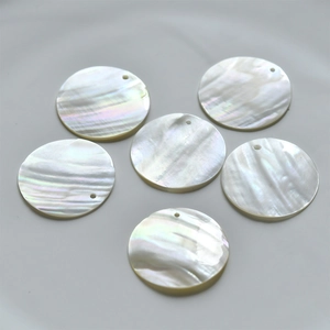 Set of six natural mother of pearl round shell charms with pre-drilled holes for DIY jewelry