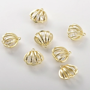 14k gold-plated hollow shell pendant charms with sparkling cubic zirconia for DIY jewelry