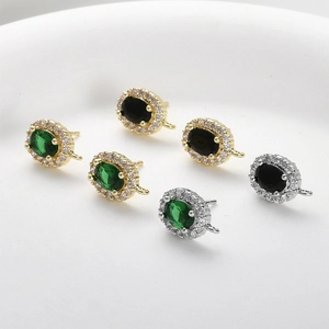 Oval emerald and black diamond ear studs in gold and silver plating for DIY jewelry making