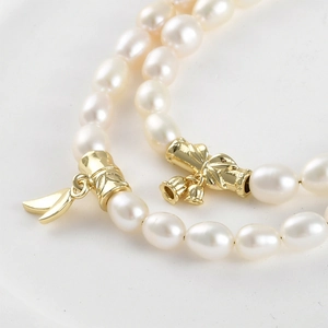 14k gold plated bamboo lily of the valley tube pendant with natural pearls jewelry