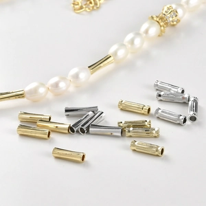 Perline lunghe a tubo rigate placcate oro 14k per creazione di bracciali e collane DIY