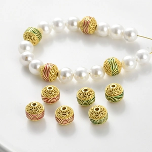 Perles d'Espacement Rondes Creuses en Cuivre Plaqué Or avec Motif de Vagues en Émail pour Fabrication de Bijoux DIY