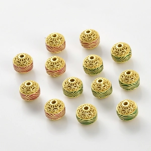Perles évidées en or vintage avec vagues d'émail rouges et vertes pour bijoux DIY