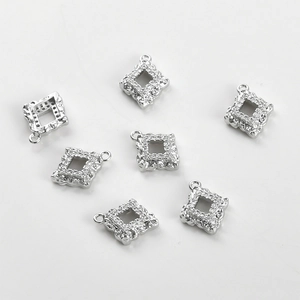 Set of seven silver square hollow pendants with white zircon inlay for DIY jewelry