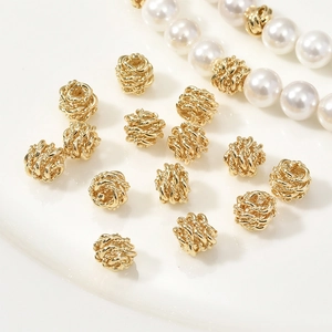 Golden 14k plated braided hollow round beads for DIY jewelry and necklace design