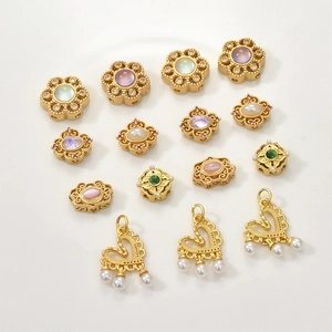 Vintage Gold Plated Copper DIY Jewelry Charms With Synthetic Artificial Pearl Cat Eye Stone Snowflake Heart Ruyi Shapes For Jewelry Making