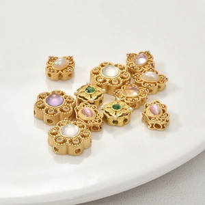 Vintage gold plated floral beads with colorful gemstones for DIY jewelry making