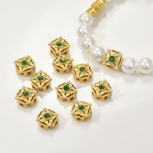Vintage gold hollow spacer beads with green gemstone and pearls for jewelry making