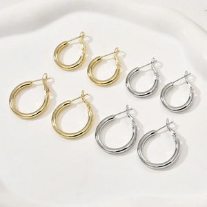 Boucles d'Oreilles Créoles Rondes Minimalistes Cuivre Plaqué Or 14K Avec Tige Argent Sterling 925 Bijoux Femmes