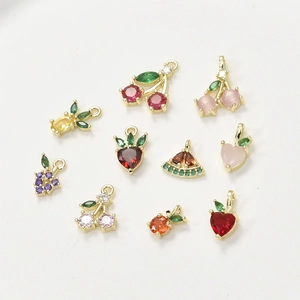 14k Gold Plated Copper Zirconia Fruit Pendants Charms For DIY Necklace Bracelet Earrings Making Strawberry Cherry Grape Watermelon Pineapple Charms