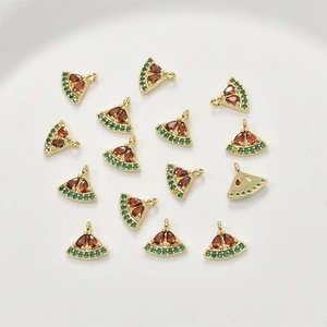 14k gold plated watermelon charm with green and red zircon stones for DIY jewelry making