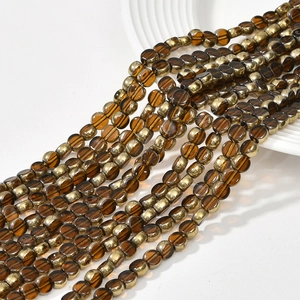 Flat round amber crystal glass beads with gold plated edges for DIY jewelry making