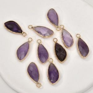 Faceted purple teardrop crystal pendants with gold copper edges for jewelry making