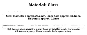 Macro product specifications for glass flower beads showing 23.7mm diameter and handmade details