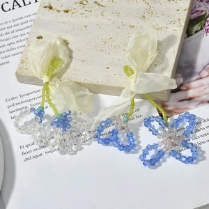 Handmade sweet chiffon bow earrings with crystal floral beads for personalized DIY jewelry