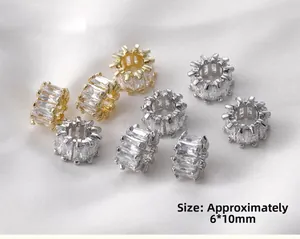 6x10mm 14k gold plated cylinder beads with rectangular cubic zirconia for jewelry making