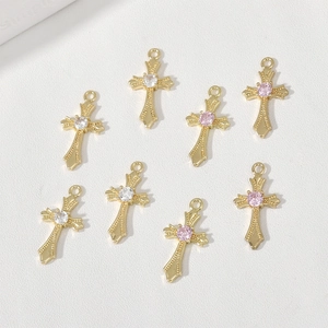 8pcs 14k gold plated cross charms with pink and clear zircon stones for DIY jewelry