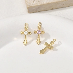 14k gold plated vintage cross pendant with zircon stones for DIY necklace and jewelry