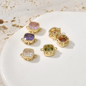 Faceted square zirconia connectors in various colors with gold plated geometric frames
