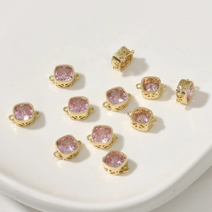Pink square faceted gemstone pendant in 14k gold plated frame with double hanging loops